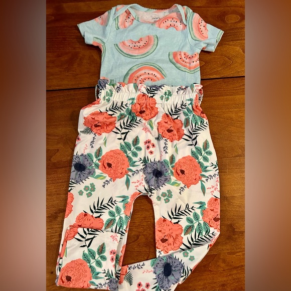 Carter’s watermelon Onesie sz 24mos w/floral cotton pants 24 mos. - Picture 3 of 5